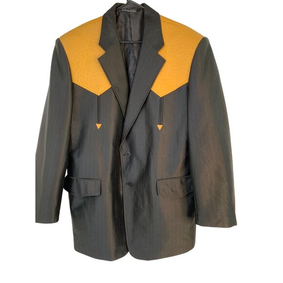 Mens Western Style Black Blazer Jacket Faux Ostrich Accent Mexico 46R RX10641 - Picture 1 of 11